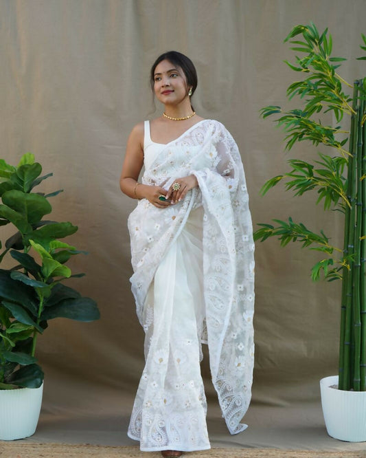 Vamsee Amisha White Organza Saree - Swadesiicart