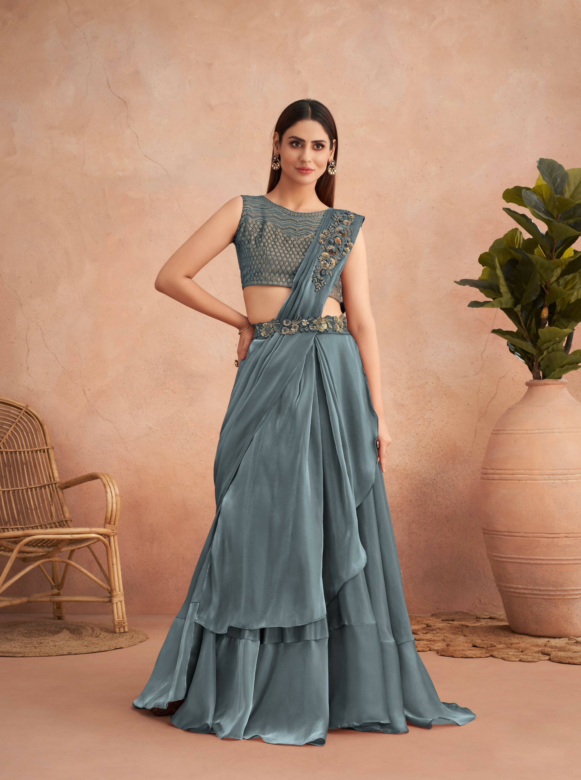 Blue Satin Embroidered Ready To Wear Saree With Unstitched Blouse Piece - Nandika | Swadesiicart