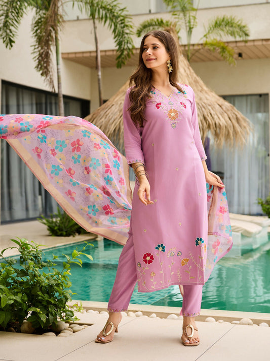 The52 Lavender Women's Gorgeous Embroidered work Viscose Gadhwal Fabric Straight Kurta, Pant and Dupatta Set - Swadesiicart
