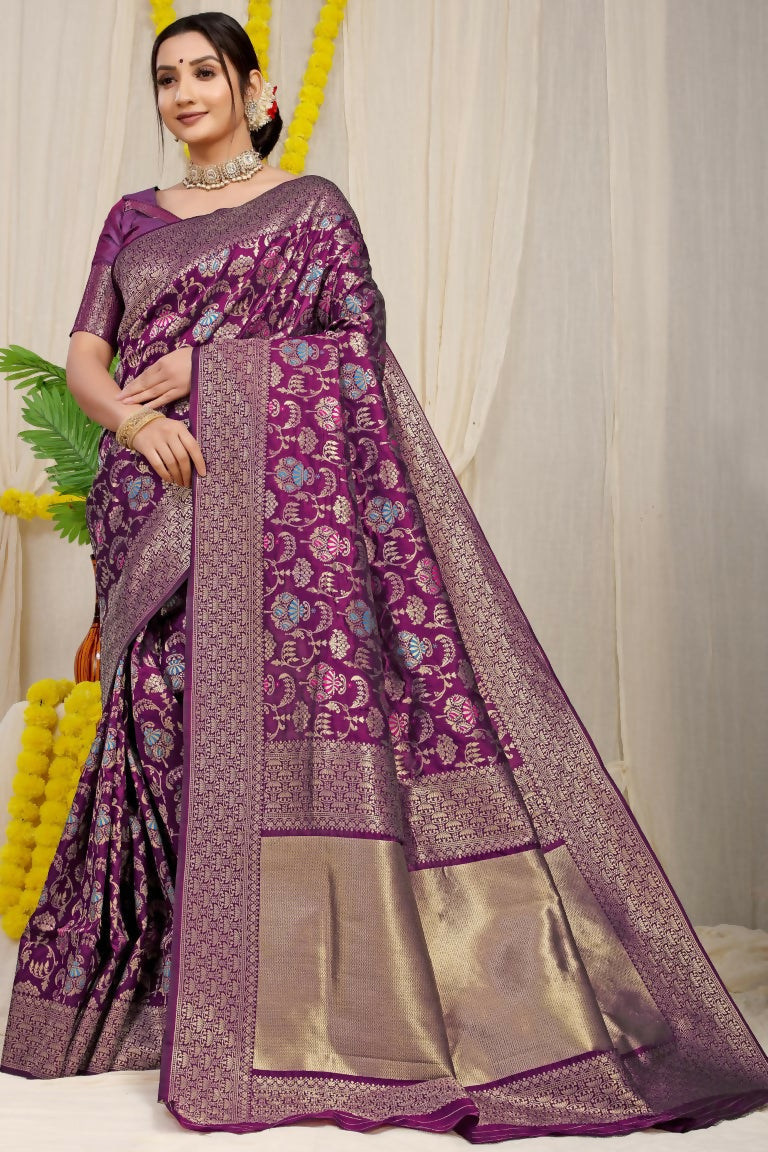 Jyoti Fashion Women's Wine Kanjivaram Silk Zari Woven Saree with Blouse | Swadesiicart