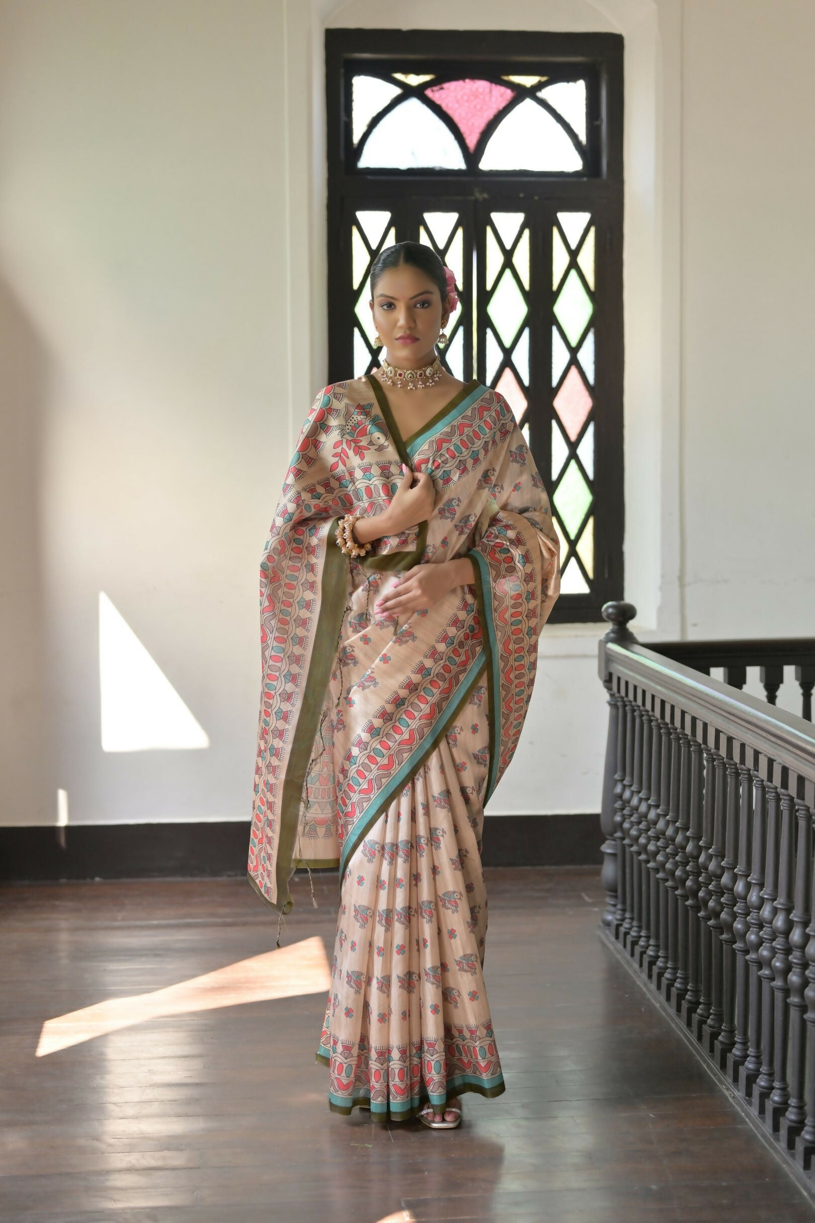 Vishnu Weaves Women's Mahendi Soft Tussar Silk Saree with Blouse - Swadesiicart