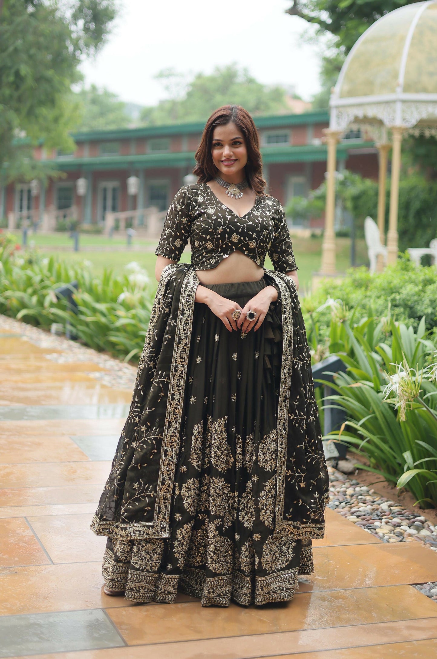 Lorenvalley Mahendi Rangoli Silk Heavy Sequins & Thread Embroidered work Lehenga Choli | Swadesiicart