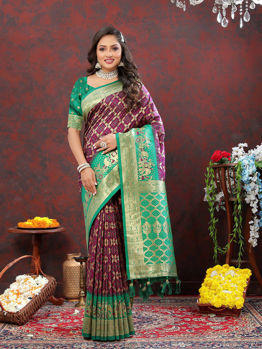 Lorenvalley Fashion Wine & Green Patola Silk Woven Design Meenakari Weaving Saree - Swadesiicart