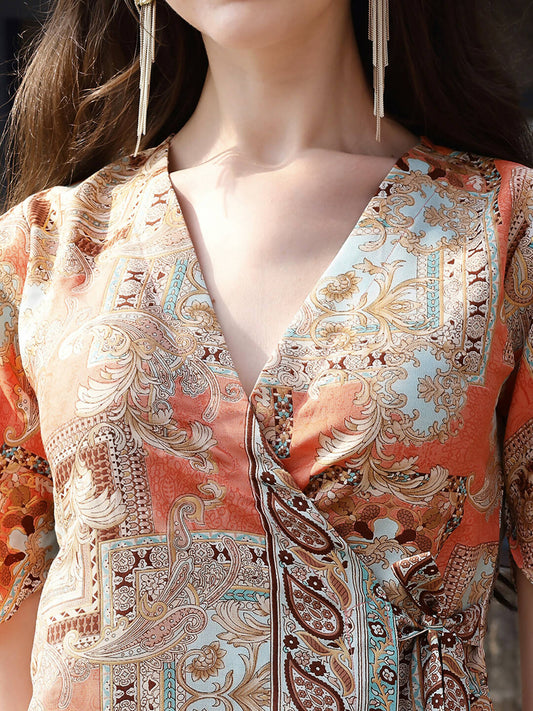 Orange Rayon Paisley Printed Top with Matching Bottom - Eesha - Swadesiicart
