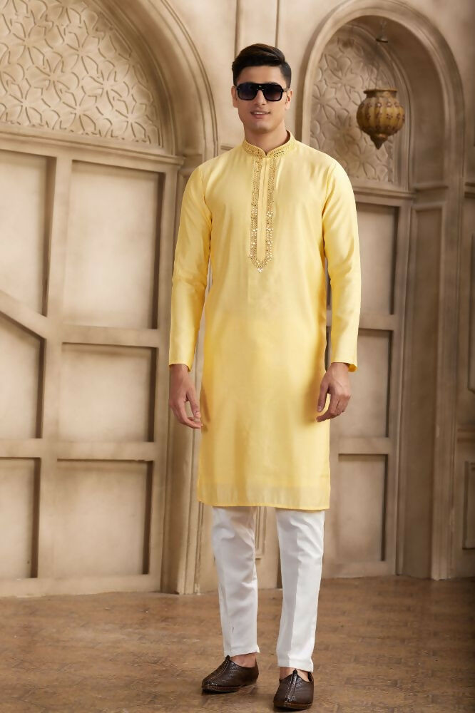 Raivat Ethnic Banarasi Art Silk Mirror Work Kurta Pajama In Yellow Colour | Swadesiicart