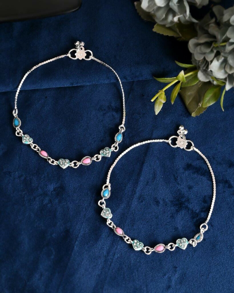 VOJ Set of 2 Silver Plated Heart Shaped Meenakari Anklet - Swadesiicart