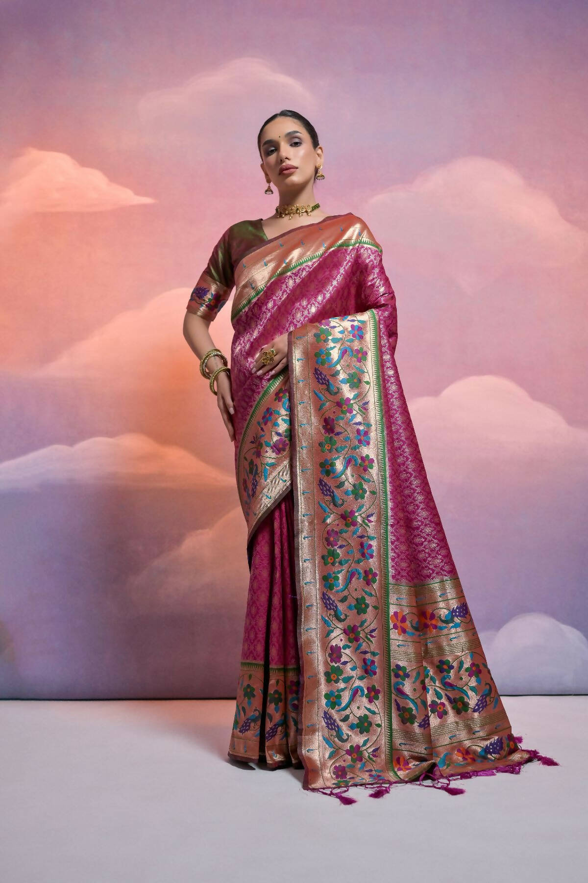 Vishnu Weaves Women's Wine Paithani Silk Zari Woven Saree with Blouse - Swadesiicart