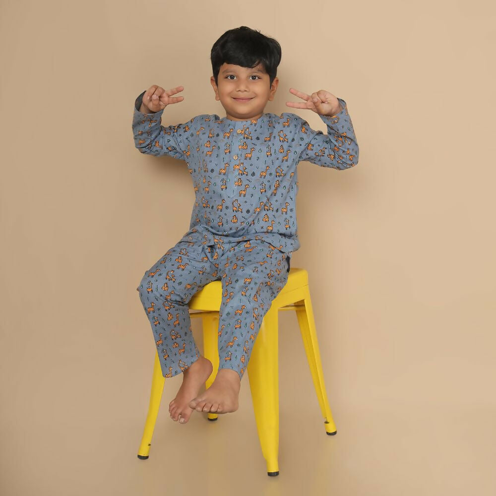 Breathables Kids Cotton Giraffe Print Night Suit | Kurta & Pants Co-Ord Set | Full Sleeves | Boys & Girls Nightwear & Loungewear – Grey