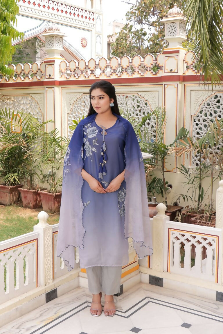 Vaasva Women Blue Tabby Slik Print & Embroidered Kurta, Pant & Dupatta Set | Swadesiicart