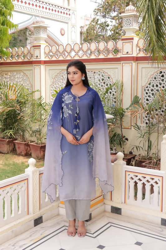 Vaasva Women Blue Tabby Slik Print & Embroidered Kurta, Pant & Dupatta Set | Swadesiicart