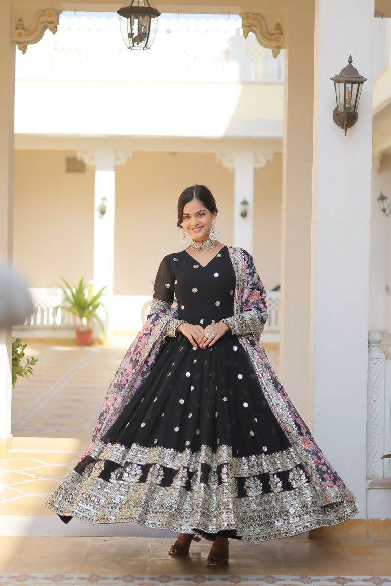 Jyoti Fashion Women's Black Faux Georgette Sequins Zari Embroideredy Anarkali Dress with Dupatta | Swadesiicart
