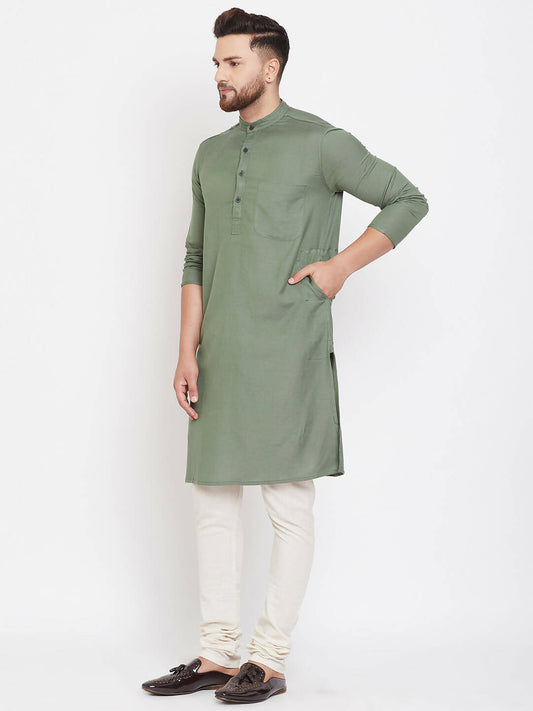 Even Apparels Green Color Linen Linen Men's Kurta With Band Collar | Swadesiicart