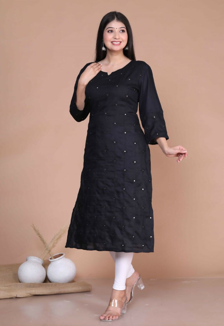 Miravan Women's Black Embroidered And Mirror Work Pakistani Straight Kurti - Swadesiicart