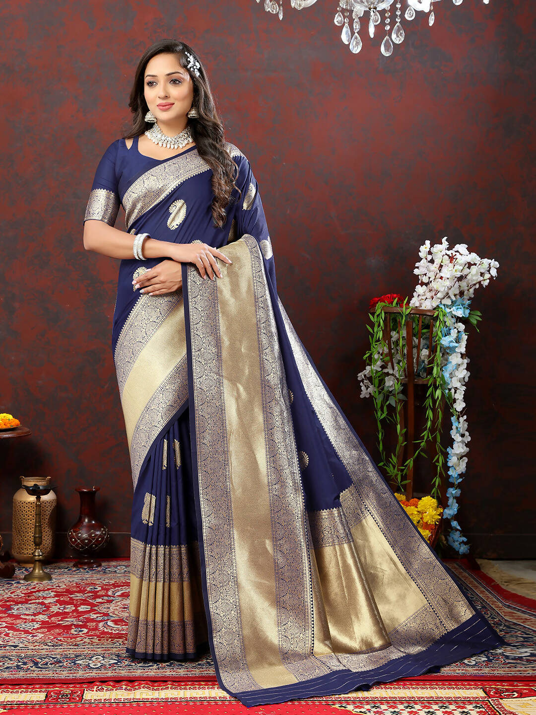 Lorenvalley Fashion Navyblue Soft Silk Woven Design Gold Zari Weaving Saree - Swadesiicart