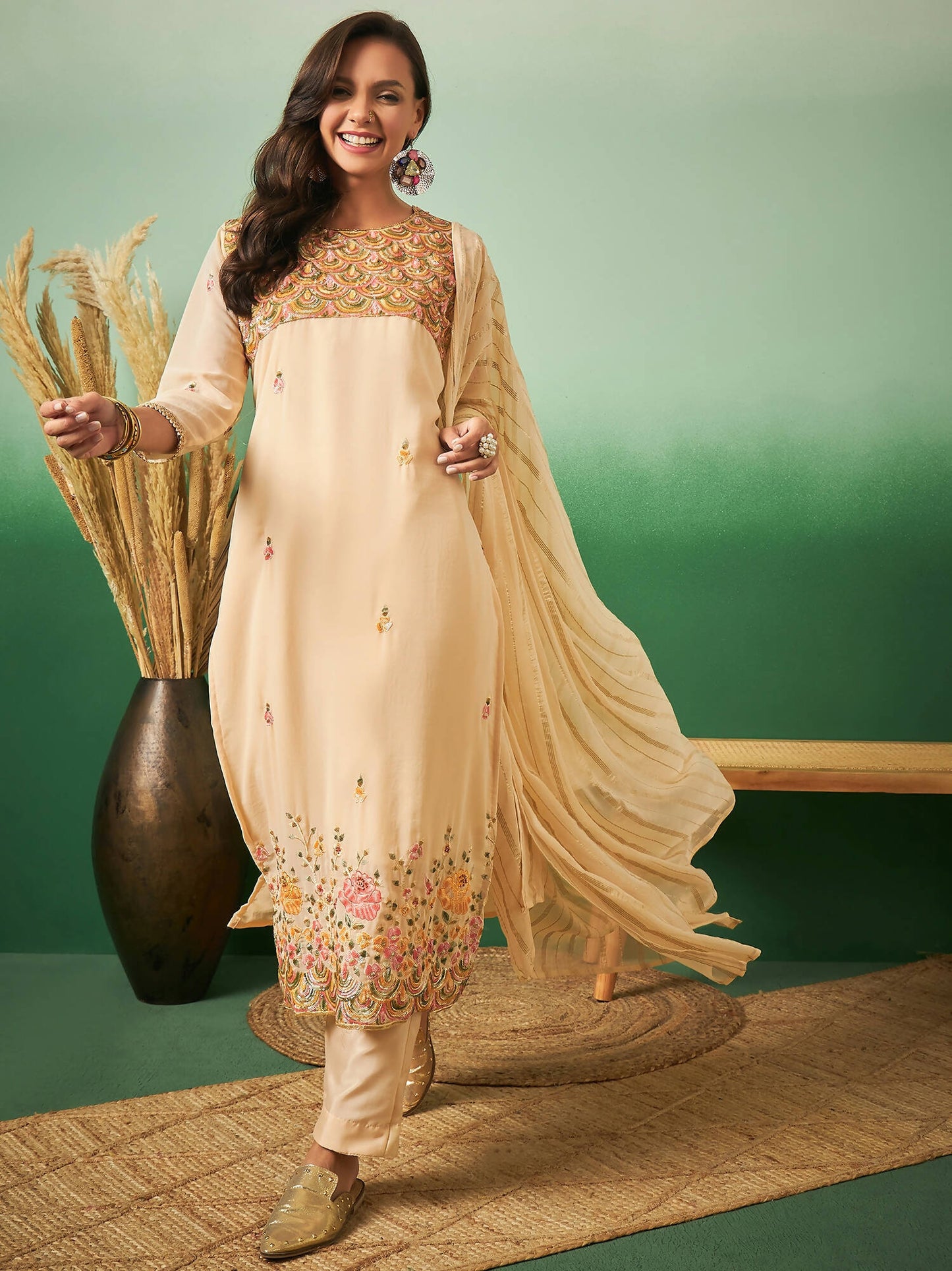 Light Orange Georgette Handwork Unstitched Dress Material - Hanika | Swadesiicart
