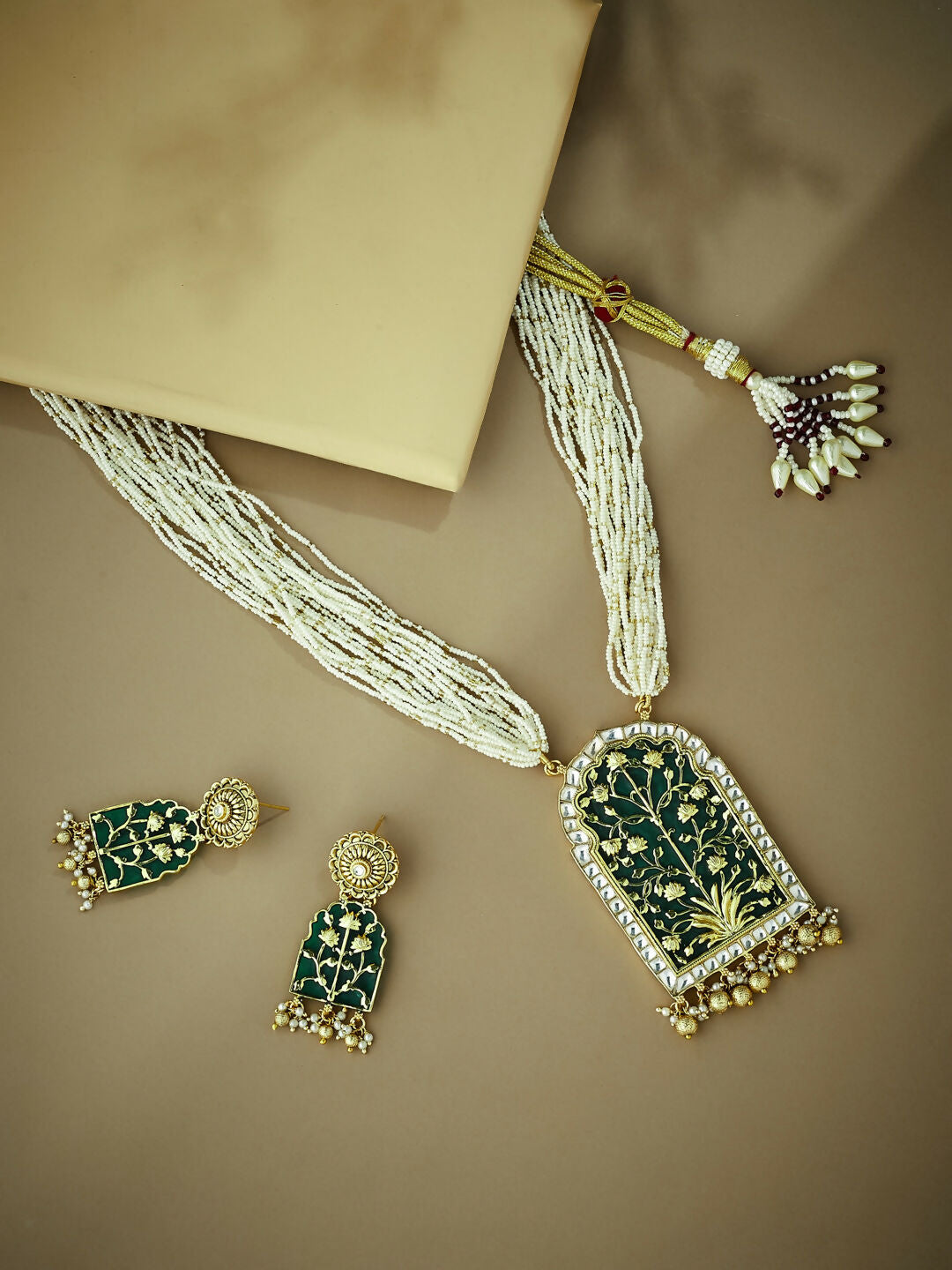 Nuyug 22K Gold-Plated Pearl Beaded Strings Green Enamel Pendant with Floral Motifs Necklace Set | Swadesiicart