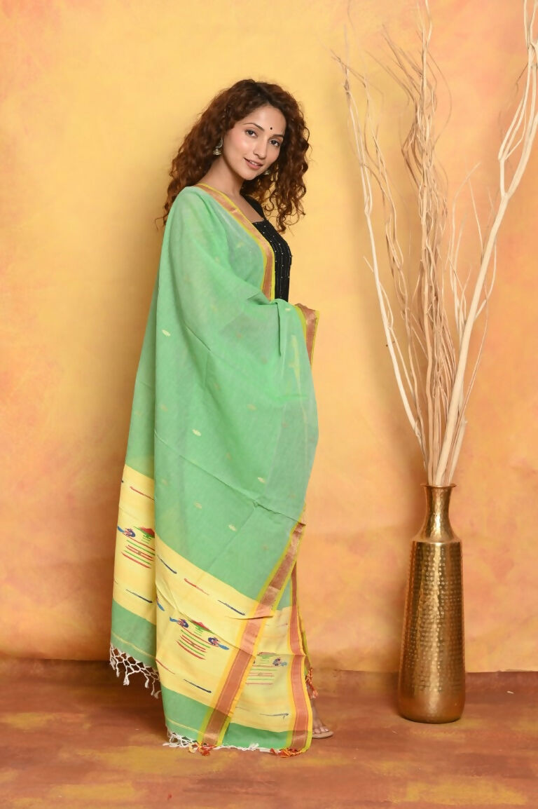 Very Much Indian Handloom Pure Cotton Paithani Dupatta - Green | Swadesiicart
