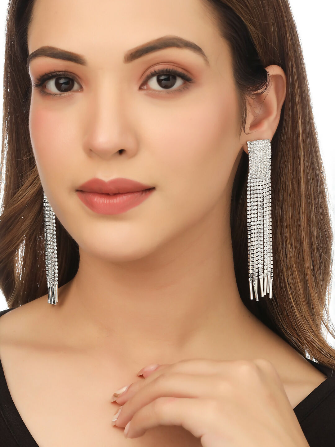 NVR Women Silver Toned Contemporary Ad Studded Drop Earrings | Swadesiicart