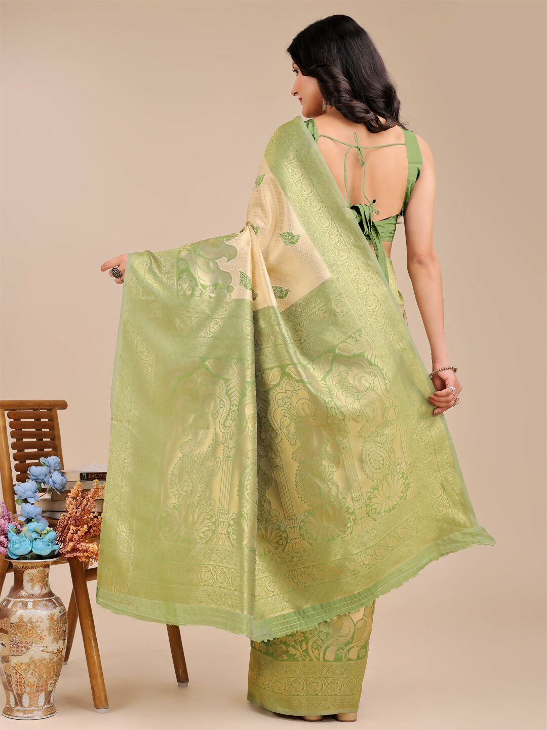 Astita Banarasi Silk Cream & Light Green Saree | Swadesiicart