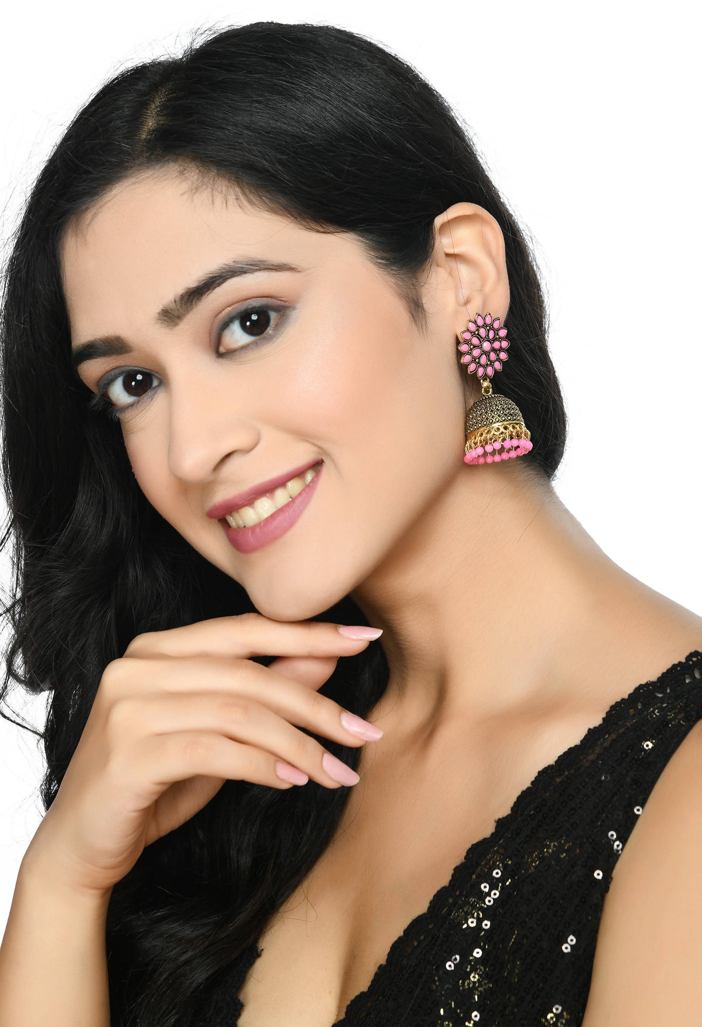 Mominos Fashion Johar Kamal Beautiful Kundan Work Jhumka With Baby Pink Beads - Swadesiicart