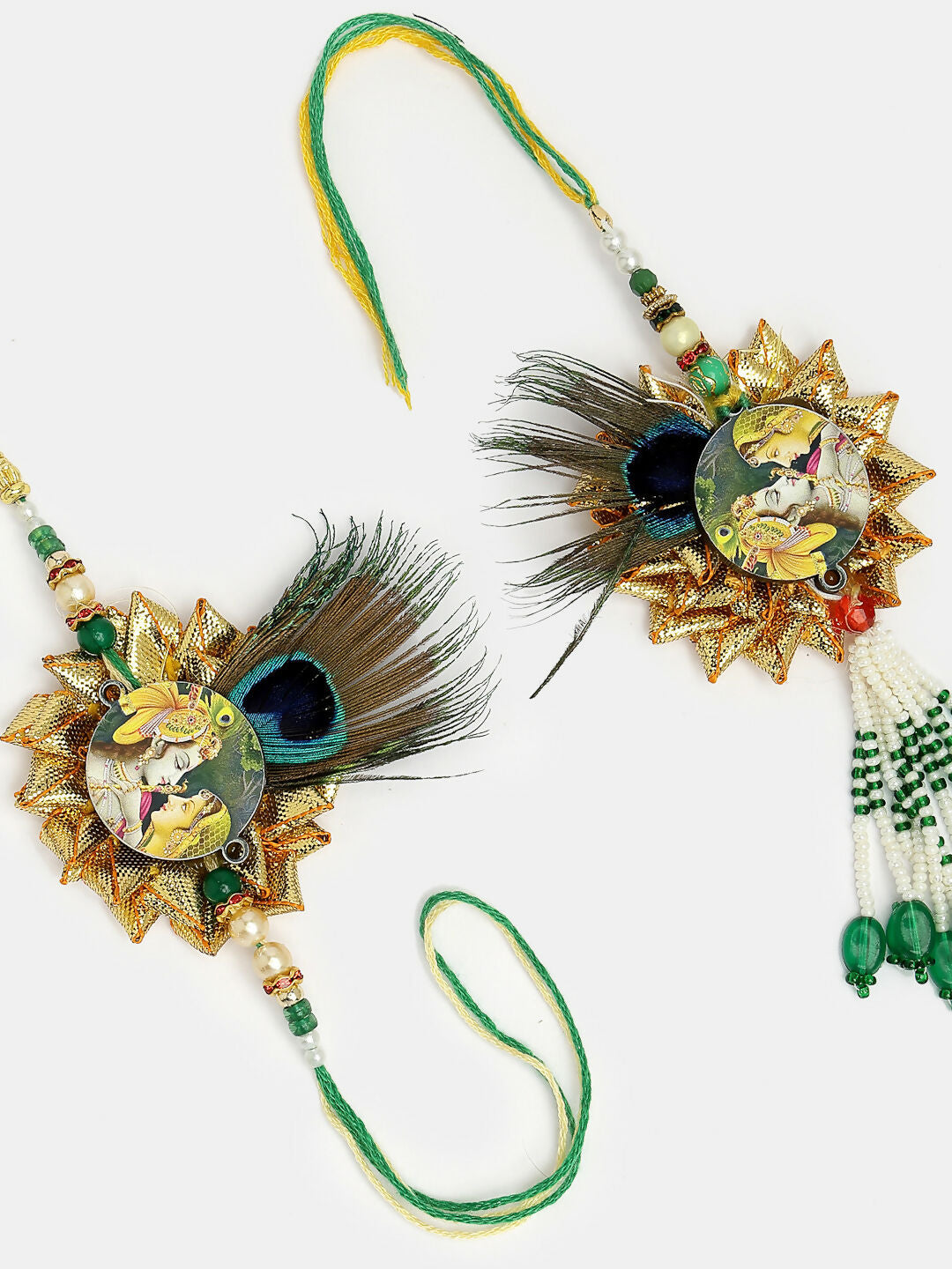 NVR Women & Men Set of 2 Green Radha Krishna Beaded Bhaiya Bhabhi Rakhi With Roli Chawal | Swadesiicart