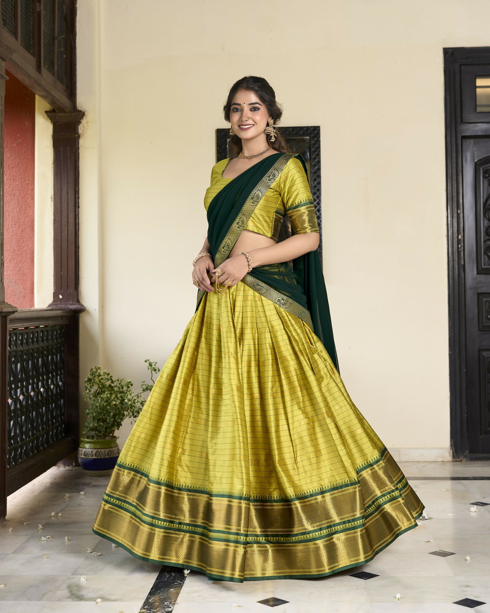 Lorenvalley Parrotgreen Cotton Silk Weaving Work With Paithani Concept Lehenga Choli | Swadesiicart