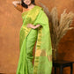Very Much Indian Handloom Pure Cotton Linen Saree With Golden Border - Light Green | Swadesiicart