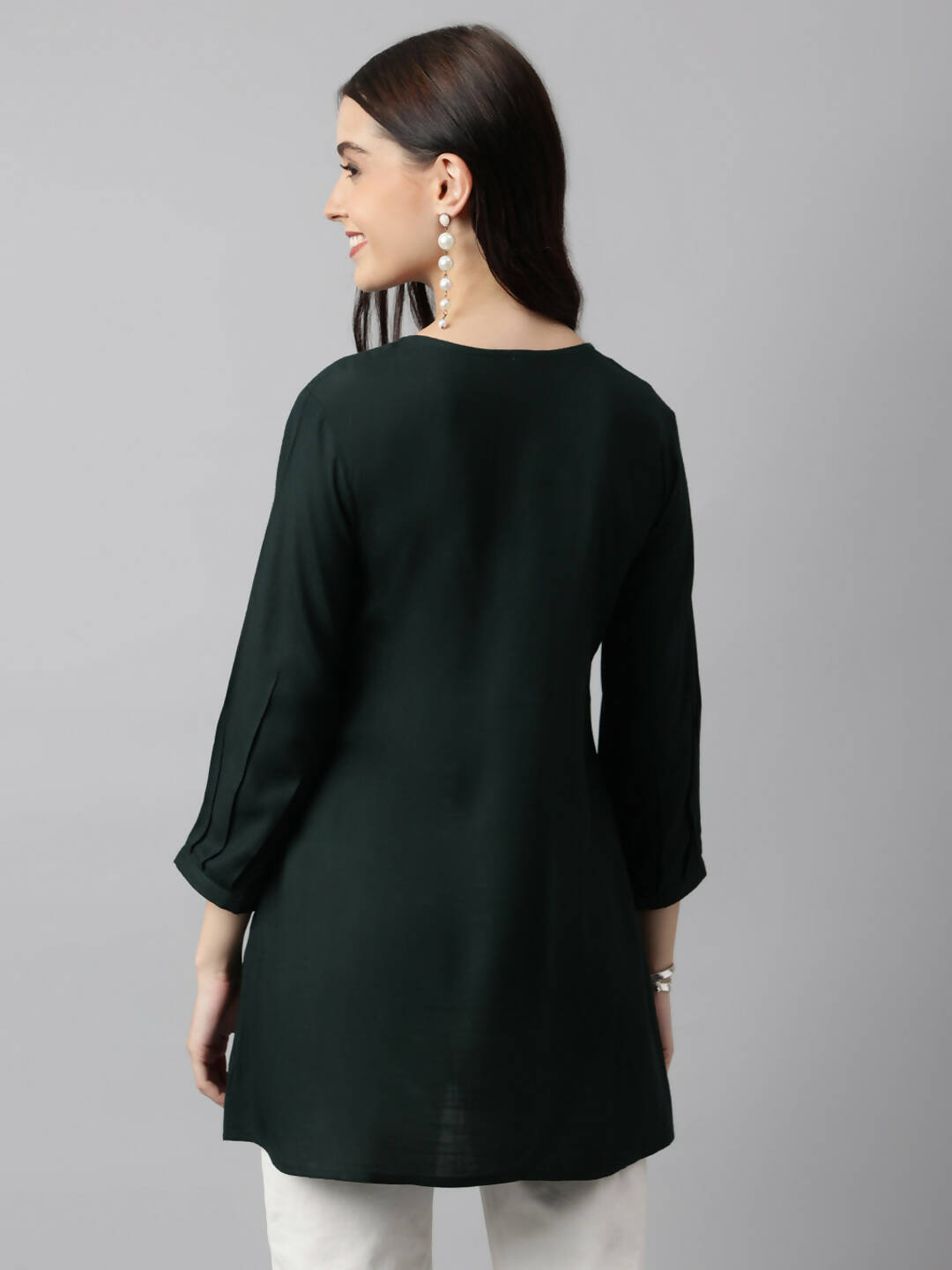 Green Rayon Yoke Embroidered A-line Top - Tarini - Swadesiicart
