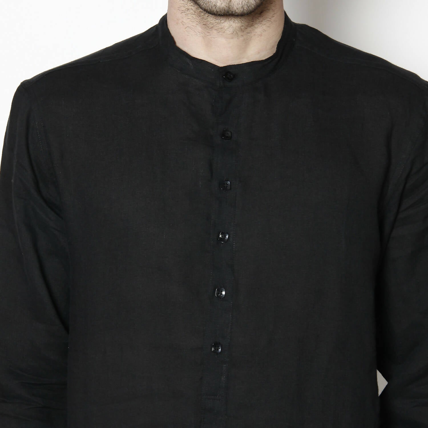 Even Apparels Black Linen Linen Men's Kurta With Band Collar | Swadesiicart