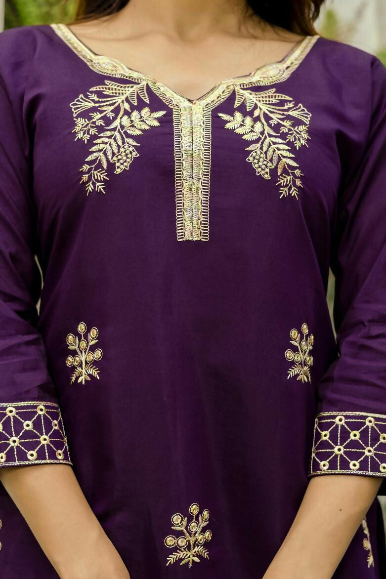 The52 Wine Women's Beautiful Viscose Chanderi Fabric Thread Work Straight Kurta Pant and Dupatta Set - Swadesiicart