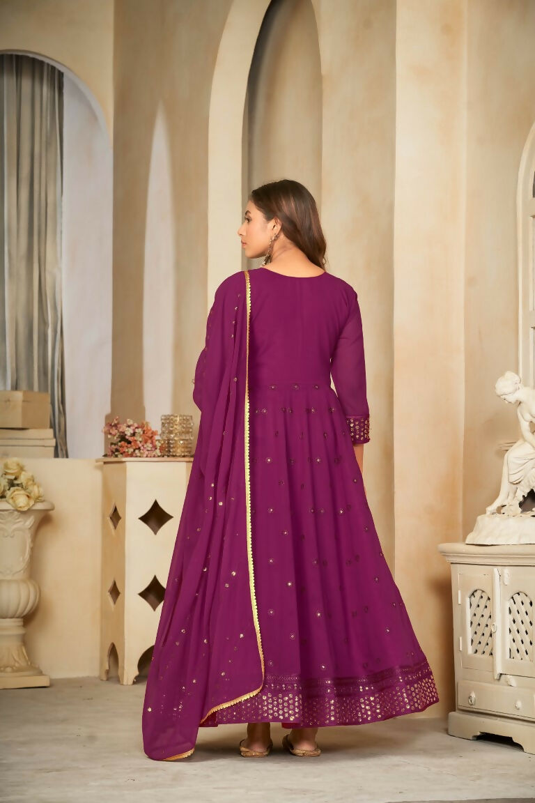 Jyoti Fashion Women's Wine Georgette Embroidered Anarkali Kurta Pant Set With Dupatta | Swadesiicart