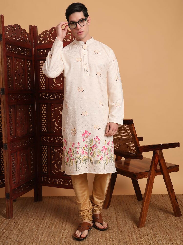 Cream Cotton Printed Chikankari Embroidery Work Kurta - Mahotsav | Swadesiicart