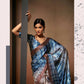 Blue Satin Digital Printed Saree with Unstitched Blouse Piece - Jodha