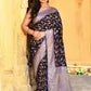 Joban Fashion Navy Blue Crepe Chiffon Pure Handloom Banarasi Silk Saree | Swadesiicart