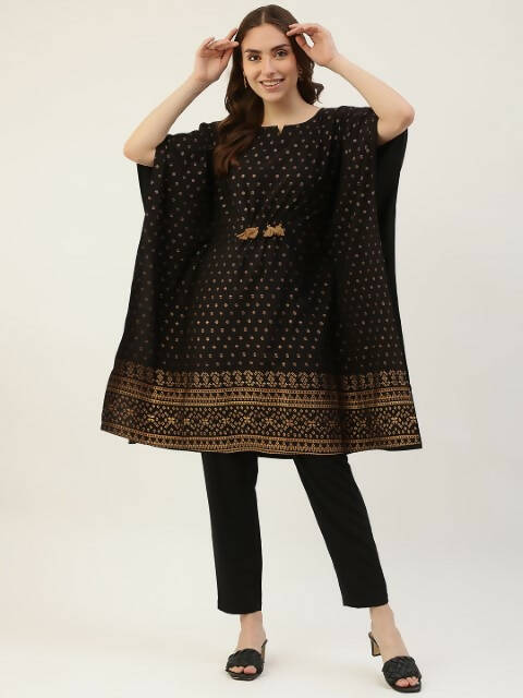 FIORRA Women's Black Poly Crepe Kaftan Type Kurta Set - Swadesiicart