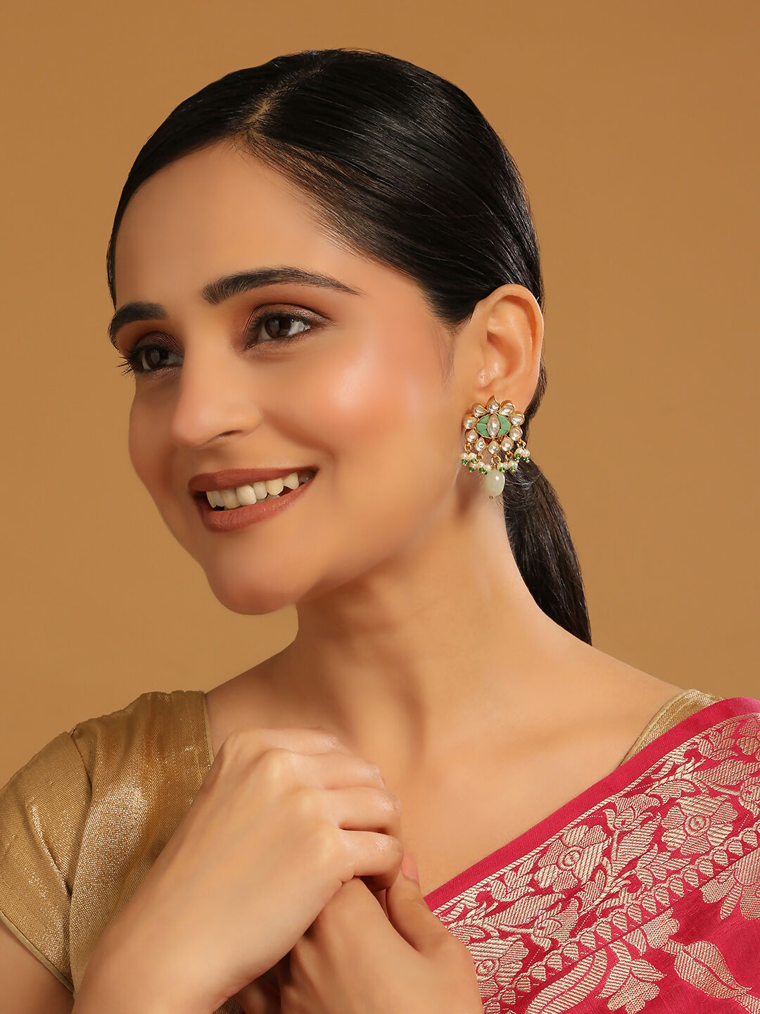 Nuyug 22K Gold Plated Semi Precious Green Stone Studded Pearl Drop Stud Earrings | Swadesiicart