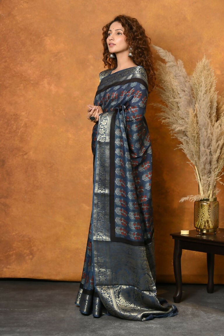 Very Much Indian Modal Silk Ajrakh Handblock Printed Natural Dyes With Designer Border Saree - Black | Swadesiicart
