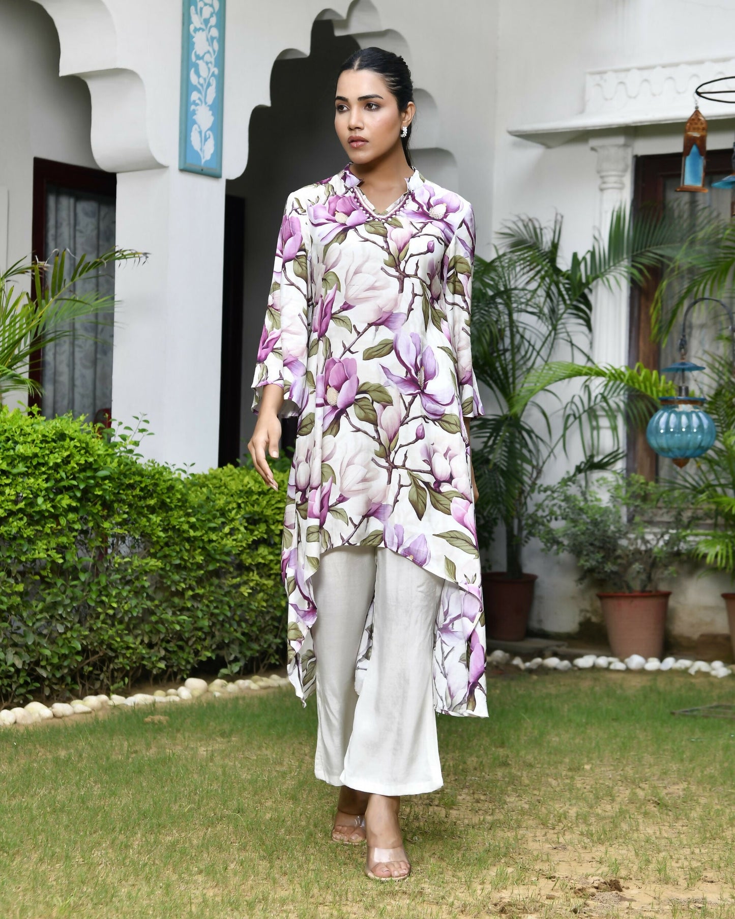 Vaasva Women's Cream Musline Viscose Digital Printed Cord Set - Swadesiicart