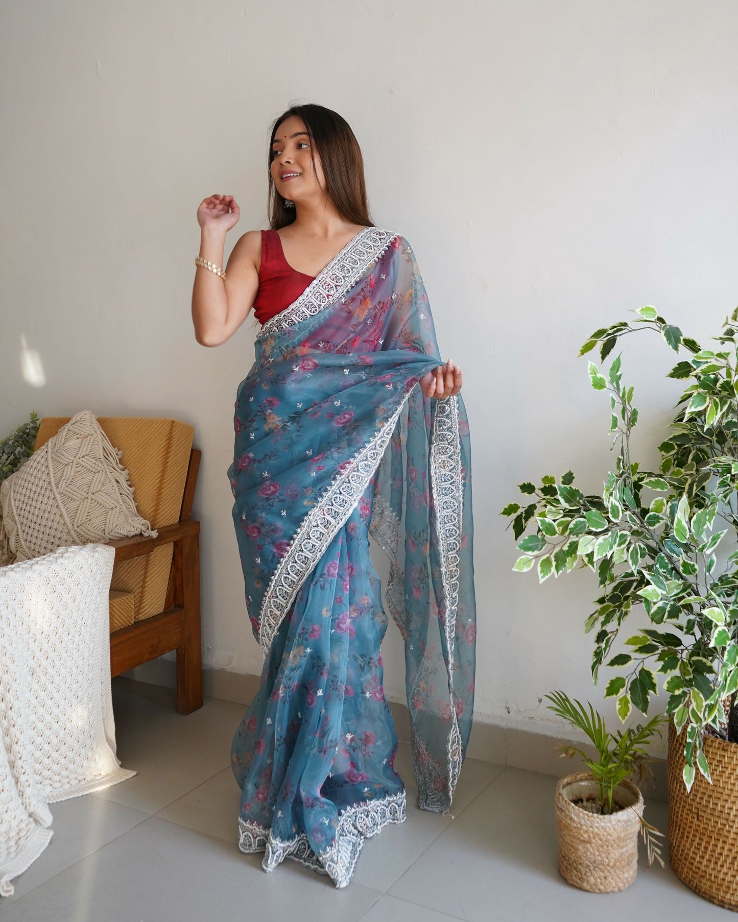 Vamsee Ferry Blue Organza Saree - Swadesiicart