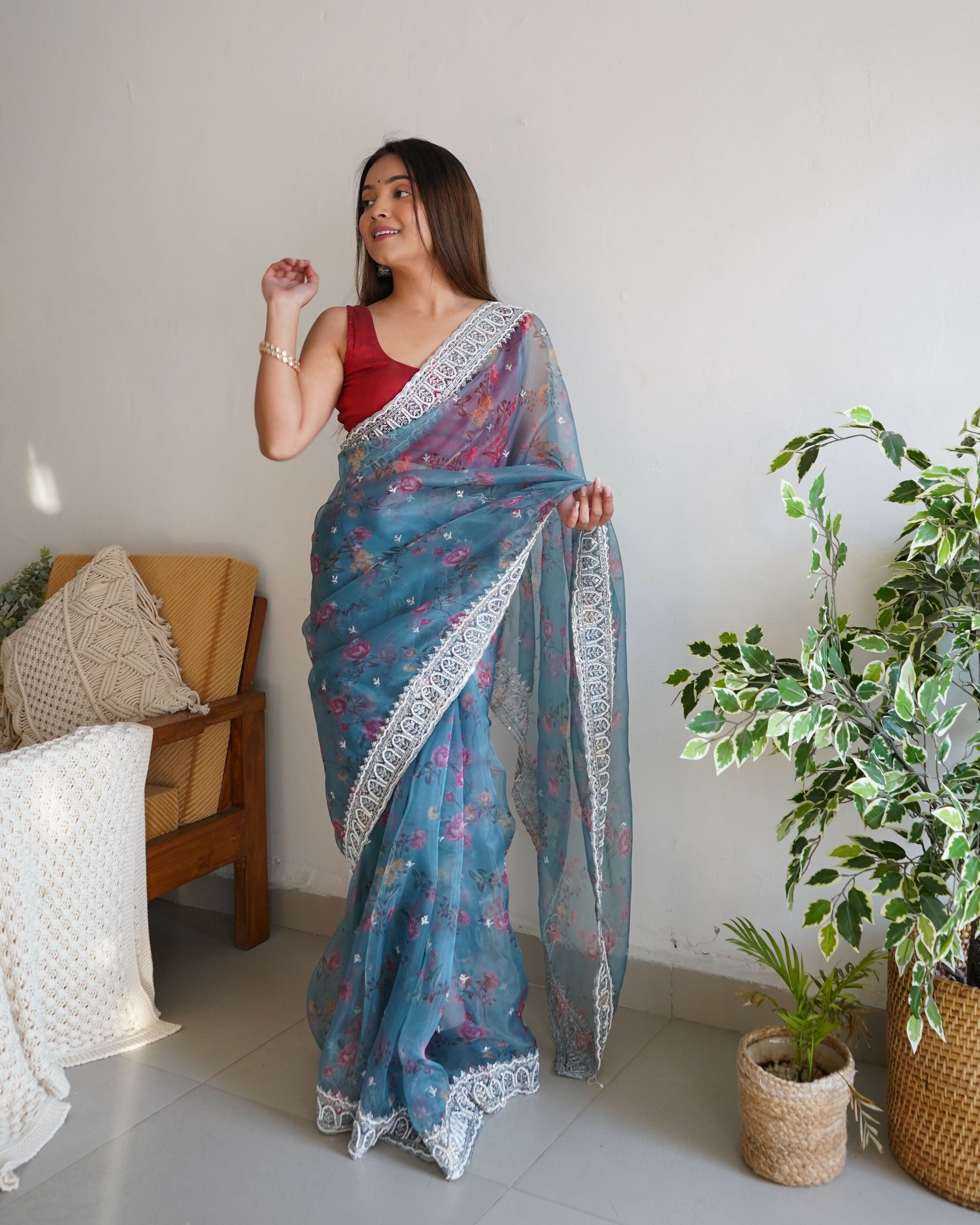 Vamsee Ferry Blue Organza Saree - Swadesiicart