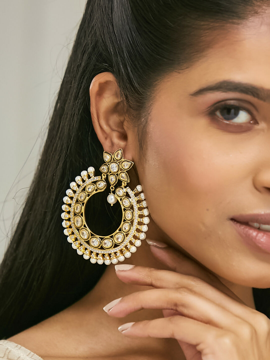 Nuyug 22K Gold-Plated Kundan Studded & Pearl Beaded Floral Chandbali Earrings | Swadesiicart