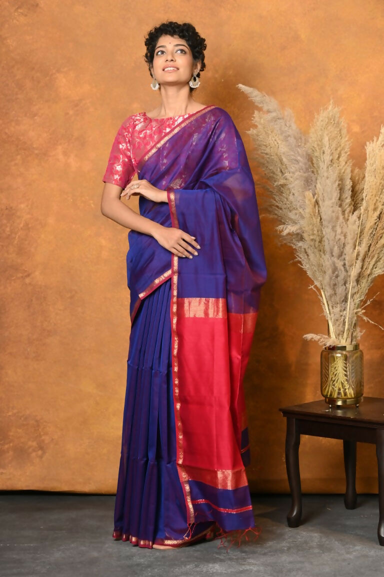 Very Much Indian Handloom Pure Cotton Silk Saree With Sleek Golden Border - Indigo Blue | Swadesiicart