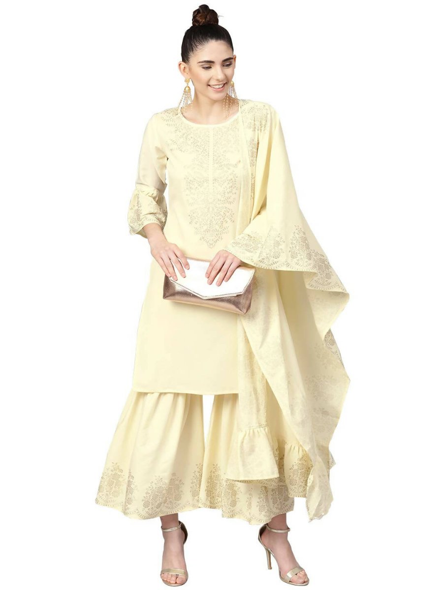 Ahalyaa Cream Crepe Glitter Print Kurta Sharara Set With Dupatta | Swadesiicart