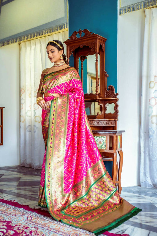 Vishnu Weaves Women's Rani Pink Patola Banarasi Silk Meenakari Zari Woven Saree with Blouse - Swadesiicart