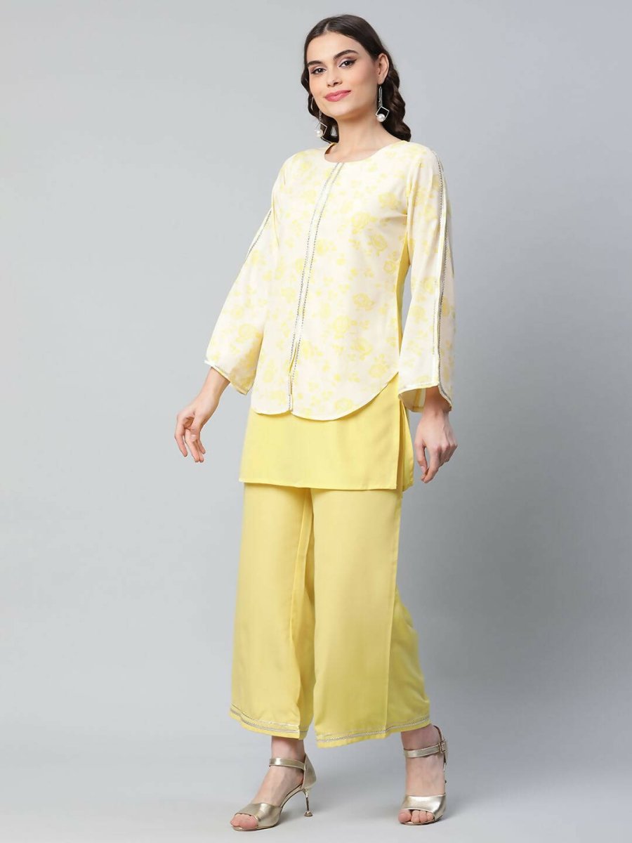 Ahalyaa Womens Yellow Crepe Printed Top Palazzo Set | Swadesiicart
