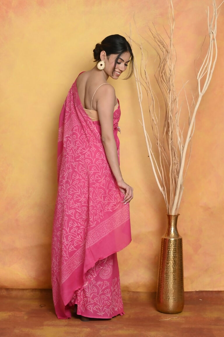Very Much Indian Handblock Printed Cotton Saree With Natural Dyes - Pink | Swadesiicart