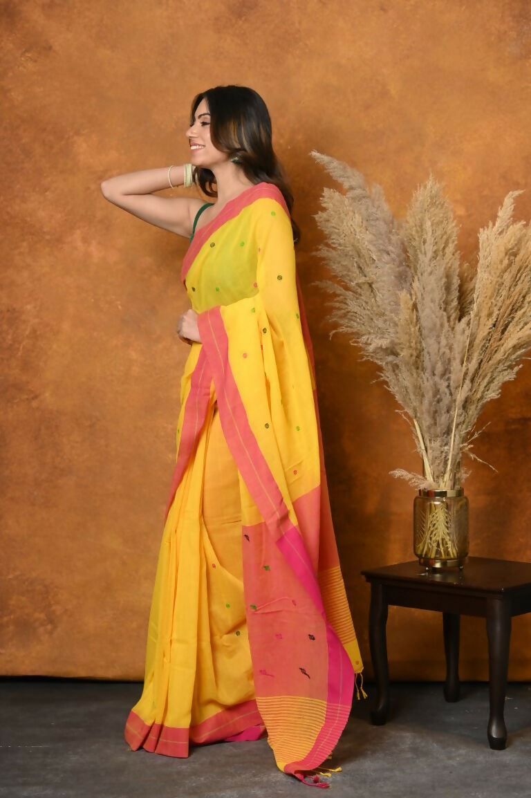 Very Much Indian Handloom Pure Cotton Saree With Sleek Border - Yellow | Swadesiicart