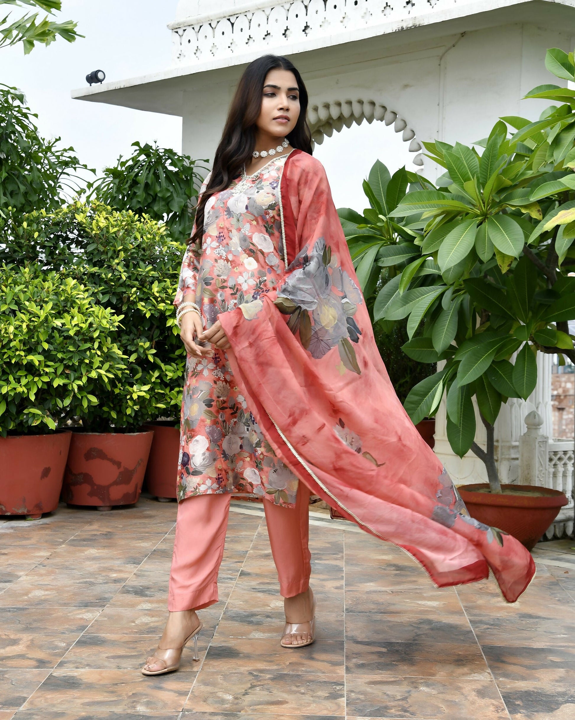 Vaasva Women's Rust Tissue Gota Embroidered Suit Set With Solid Pant And Embroidered Dupatta | Swadesiicart