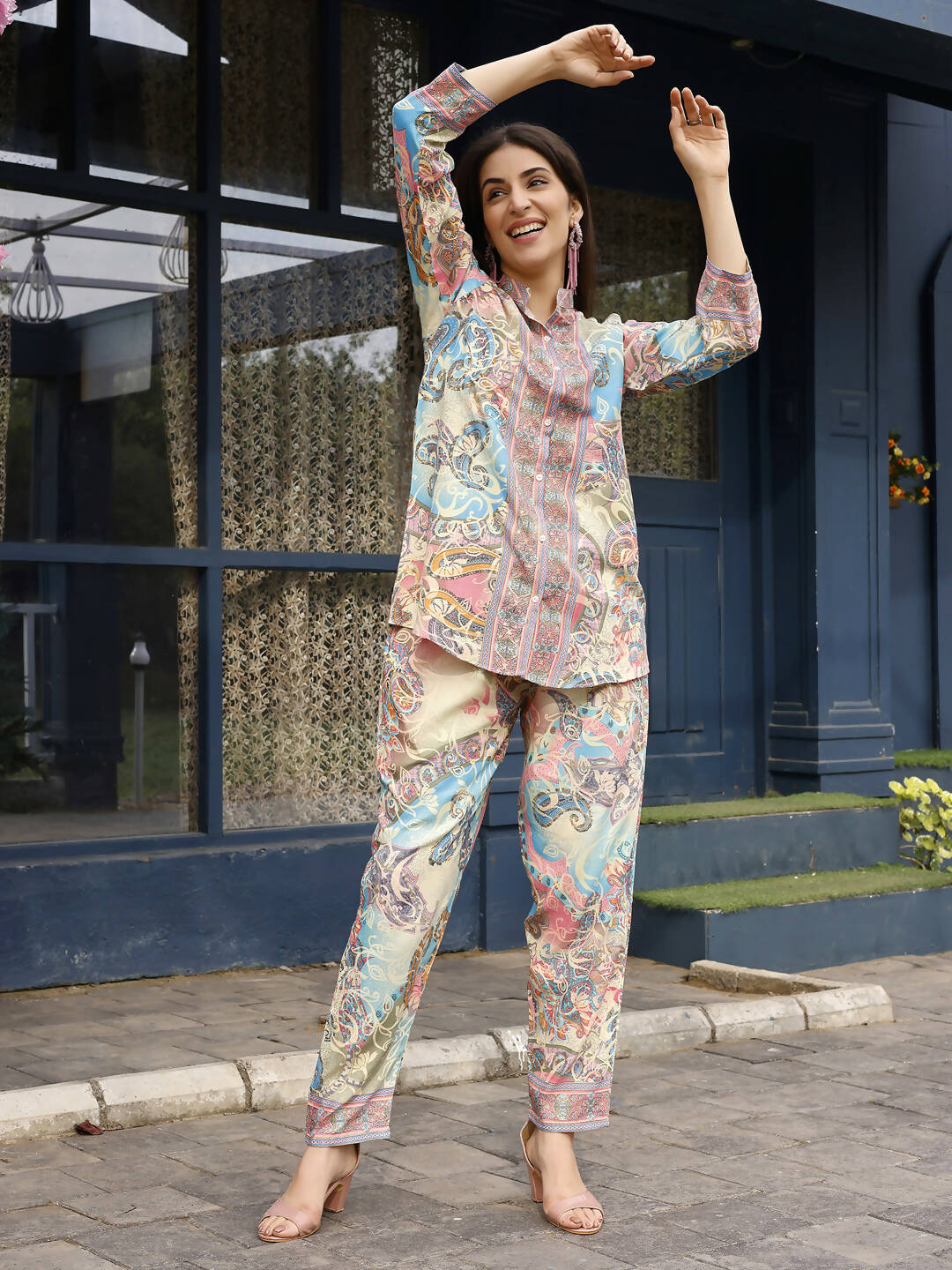 Beige & Pink Rayon Paisley Printed Top with Matching Bottom - Eesha - Swadesiicart