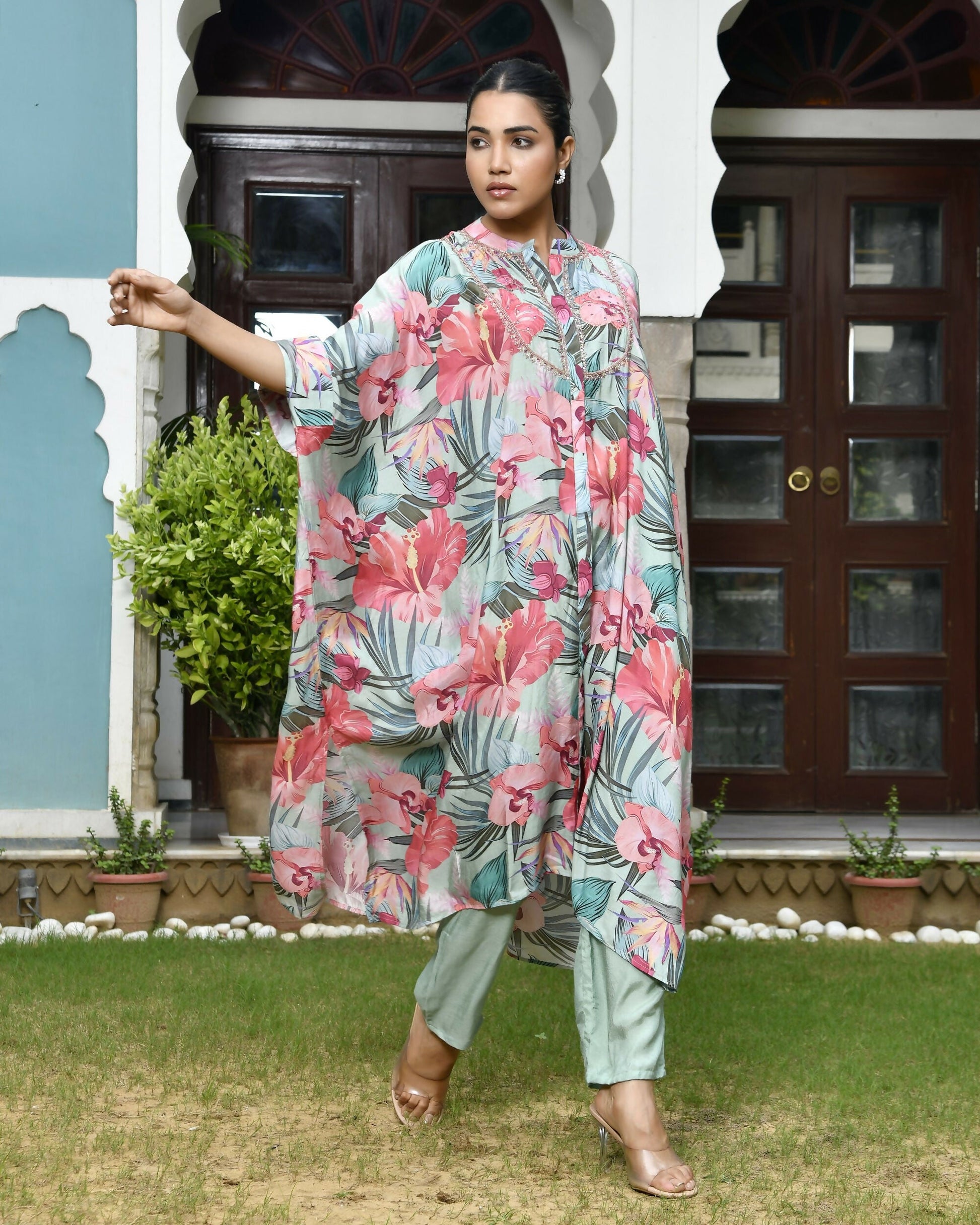 Vaasva Women's Aqua Musline Viscose Digital Printed Kaftan Pant Set | Swadesiicart